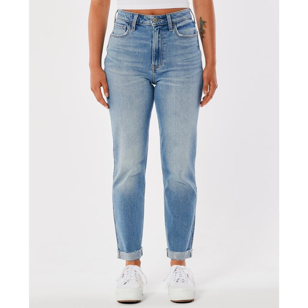 Hollister Ultra High Rise Mom Jeans Vintage Stretch Raw Hem Light Wash Womens 23